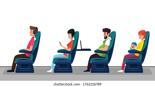 Passengers seating in comfortable public transport seats. Bus, train or airplane concept. Family with a kid, man with a laptop, woman with smartphone and a guy in headphones travelling in first class.