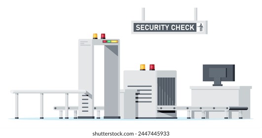 Passengers Security Check. Airport Security Zone. Metal Detector. Check Point Isolated on White. Check Baggage. Metal Scanner Gate, Luggage Conveyor Belt. Cartoon Flat Vector Illustration