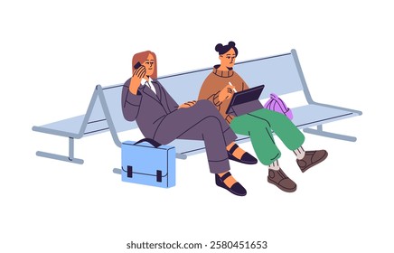 Passengers sit on bench in waiting area in airport. Tourists relax on seats in lounge zone before boarding. People on chairs before departure, flight. Flat isolated vector illustration on white