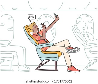 Passengers sit on the plane. A man is taking a selfie with his phone. hand drawn style vector design illustrations. 