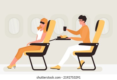 Passengers Sit On Seats Near Window Inside Airplane. Cartoon People Travel By Plane, Woman Sitting With Sleep Mask On Face, Man Eating Meal Flat Vector Illustration. Air Transportation Concept