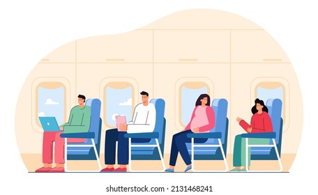 Passengers sitting in airplane flat vector illustration. Men and women traveling by aircraft or plane. Pregnant woman talking with nearby passenger during flight. Trip, transportation concept