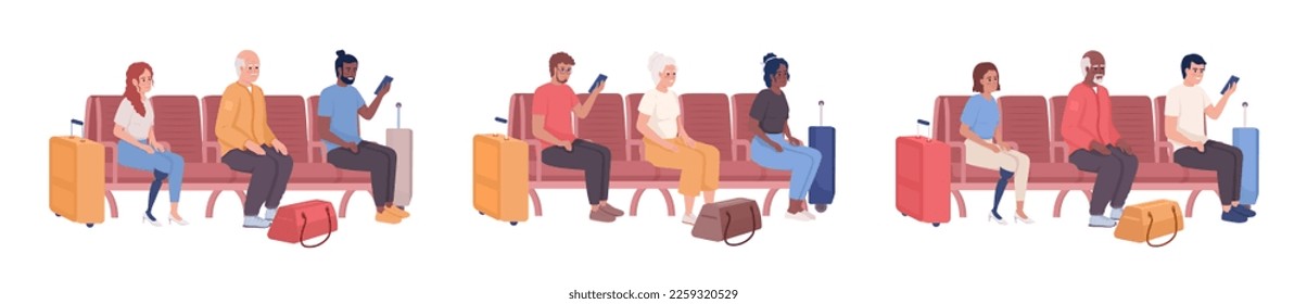 Passengers sitting in airport chairs semi flat color vector characters set. Editable figures. Full body people on white. Simple cartoon style illustration pack for web graphic design and animation