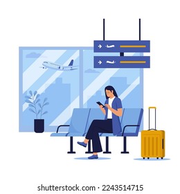 Passengers sitting in airport terminal waiting for flight. Illustration for websites, landing pages, mobile applications, posters and banners. Trendy flat vector illustration