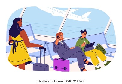 Passengers sitting at airport waiting area, room. Tourists on seats, chairs in lounge zone of international terminal before departure, air flight. Flat vector illustration isolated on white background