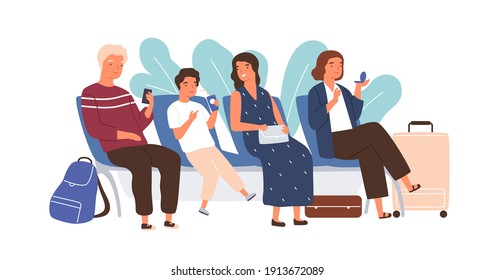 Pasajeros sentados con equipaje en el salón del aeropuerto. Gente esperando el avión de embarque y la salida. Ilustración de vector plana colorida aislada en fondo blanco