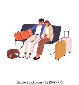 Passengers sitting on bench with bags, luggage, waiting for departure. Tourists couple with dog and baggage on chairs before travel. Flat graphic vector illustration isolated on white background