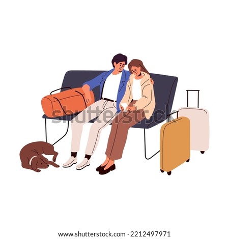 Passengers sitting on bench with bags, luggage, waiting for departure. Tourists couple with dog and baggage on chairs before travel. Flat graphic vector illustration isolated on white background