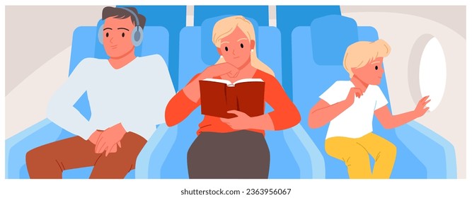 Passagiere sitzen in Sitzplätzen in der Kabine des Flugzeugs Vektorgrafik. Cartoon junge Frau, die das Buch liest, Junge, der aus dem Fenster schaut, Mann, der während des Fluges Musik auf den Kopfhörern hört, Draufsicht