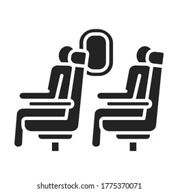 Passengers are sitting in the seats on the plane black glyph icon. Airplane economy class interior. Pictogram for web page, mobile app, promo. UI UX GUI design element.