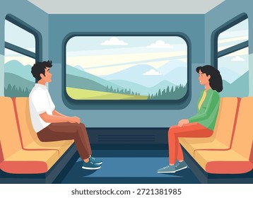 Die Fahrgäste sitzen in der Kutsche, die sich mit malerischen Bergen vor dem Fenster gegenüberstehen. Flache Illustration von Reisen, Pendeln und ruhigen Reisen, Transport Interieur und Lifestyle.
