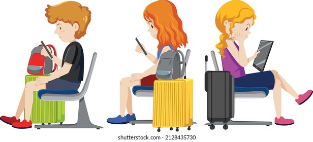 Passengers sitting and using mobile phone on white background illustration