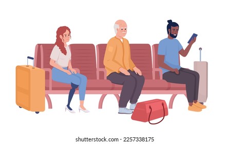 Passengers sitting in waiting place semi flat color vector characters. Editable figures. Full body people on white. Simple cartoon style illustration for web graphic design and animation