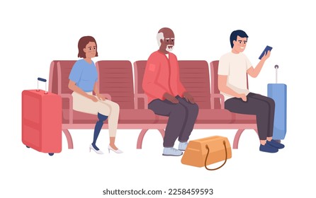 Passengers spending time in airport lounge semi flat color vector characters. Editable figures. Full body people on white. Simple cartoon style illustration for web graphic design and animation