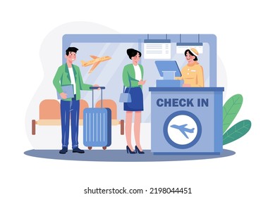 Passengers stand in line to check in at the airport