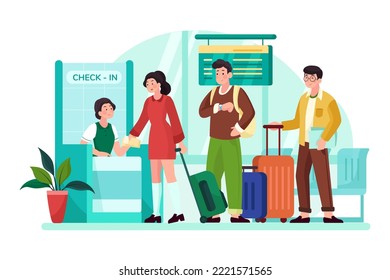 Passengers stand in line to check in at the airport