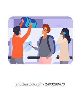 Passengers standing in aisle of airplane cabin, man pushing bag onto shelf vector illustration