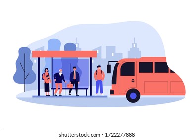 Passengers standing at bus stop. Businessman, senior man, student waiting vehicle. Vector illustration for city transportation, commuters, urban life concept