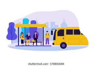 Passengers standing at bus stop. Businessman, senior man, student waiting vehicle. Vector illustration for city transportation, commuters, urban life concept