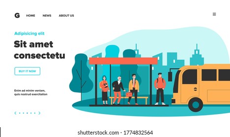 Passengers standing at bus stop. Businessman, senior man, student waiting vehicle. Vector illustration for city transportation, commuters, urban life concept