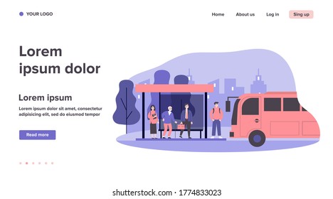 Passengers standing at bus stop. Businessman, senior man, student waiting vehicle. Vector illustration for city transportation, commuters, urban life concept