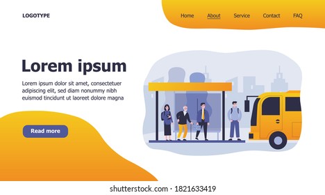 Passengers standing at bus stop. Businessman, senior man, student waiting vehicle. Vector illustration for city transportation, commuters, urban life concept