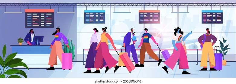 passengers standing in line queue to airport counter for check in lgbt rainbow transgender love concept
