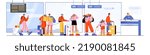Passengers standing in queue to check desk in airport terminal. People with suitcases, phone, map and backpacks waiting in line to registration for departure, Vector flat illustration