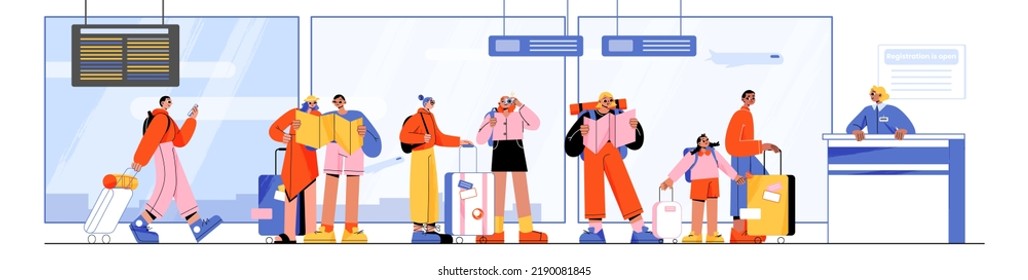 Passengers standing in queue to check desk in airport terminal. People with suitcases, phone, map and backpacks waiting in line to registration for departure, Vector flat illustration