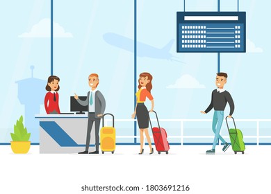 Passengers Standing in Queue with Luggage to Register for Flight in Airport, People Travelling by Plane with Luggage Vector Illustration