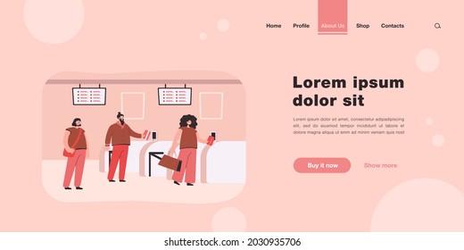 Passengers standing with tickets in line at automatic fare gate isolated flat vector illustration. Cartoon people on train station turnstile entrance. Metro and public transport concept