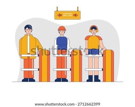Passengers at the station are entering using a tap machine, commuter transport. Character design. Vector flat illustration