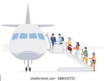 Passengers, stewardess in face masks for coronavirus Covid-19 protection during boarding procedure, flat vector illustration. New antiviral flight rules on plane, new normal of air travel, safe flight