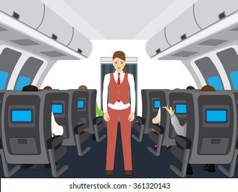 Passengers and stewardess on the plane. Interior of salon of the plane.