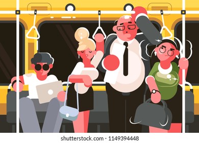 Passengers in subway car. Rush hour in public transport. Vector illustration