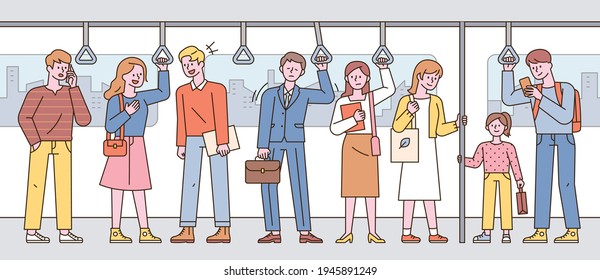 Passengers in the subway are standing in a line. flat design style minimal vector illustration. Horizontal banner.