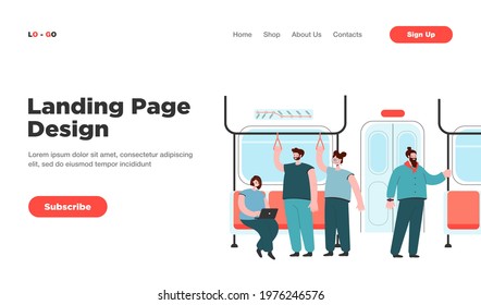 Passengers in subway or underground car interior. Flat vector illustration. Cartoon people riding subway, bus or train. Public transport, transportation, metro concept for landing page