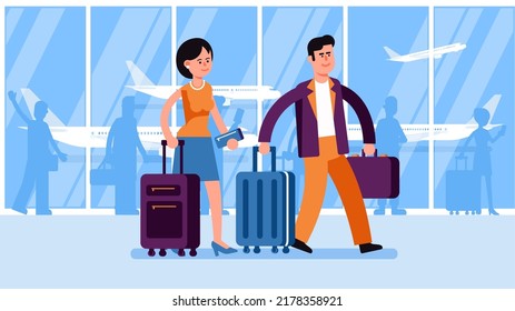 Passengers with suitcases at the airport. Couple man and woman with luggage in the airport terminal. Go Everywhere. Vector illustration.