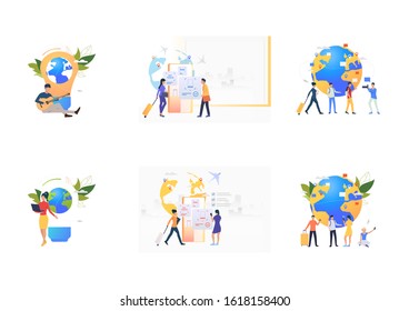 Passengers and tourists set. People walking in airport with luggage, map with pointers. Flat vector illustrations. Travel, trip, vacation concept for banner, website design or landing web page