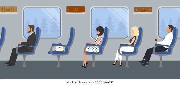 Passengers in the train car. Young women and men are sitting in blue armchairs and looking out the window. There are also suitcases on the shelves in the picture. Vector flat illustration