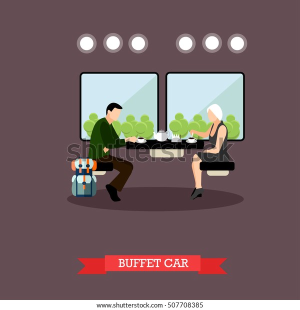 Passengers in train restaurant. Railway car\
interior. Vector concept\
poster.
