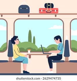 Passengers in train. Women travel inside carriage, girl working on laptop and woman drink coffee and looks out in window. Public transport, tourism, vector scene