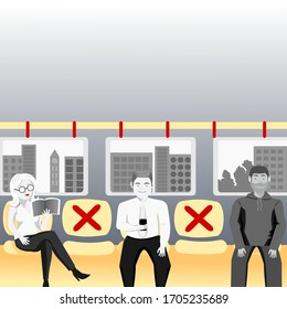 Passengers are in trains. Spaced away to prevent corona viruses.vector,illustration,website,page.Application.new normal,now.
