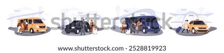 Passengers transfer set. Taxi, private car, van, bus to ride from airport to hotel. People with luggage get into shuttle, automobiles, different transport. Flat isolated vector illustrations on white