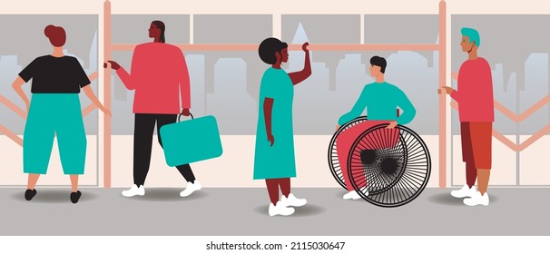 Passengers in transport during rush hour. Flat vector stock illustration. Full interior of bus, train, trolleybus, tram. Passenger in a wheelchair. Many people