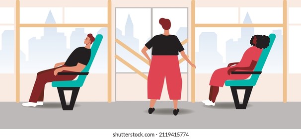 Passengers in transport. Flat vector stock illustration. People inside the bus, train, trolleybus, tram. Sitting on a chair, standing