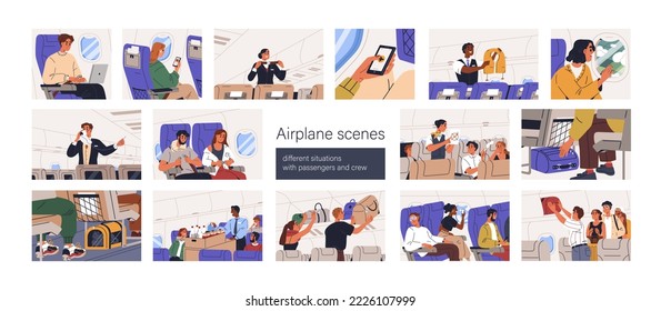 Passengers travel by air. People, crew in airplane set. Tourists with bags, phone and stewardesses work, services during flight, journey in aircraft. Plane salon scenes. Flat vector illustrations - Shutterstock ID 2226107999