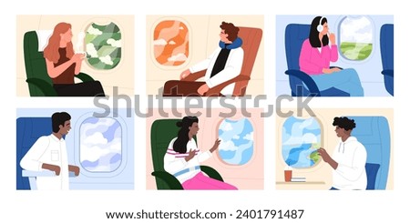 Passengers travel by air plane, people sitting by window set. Male and female character looking outside porthole at clouds of sky, man and woman in airplane during flight cartoon vector illustration