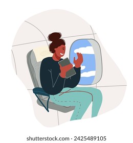 Los pasajeros viajan en avión. Escena en la cabina del avión. Una mujer negra mira por la ventana encantada, con un teléfono en las manos. Ilustración vectorial plana.