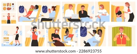 Passengers travel by plane set vector illustration. Cartoon inside airplane scenes with tourist characters sitting on seats near windows to read, work or sleep during flight, airline services